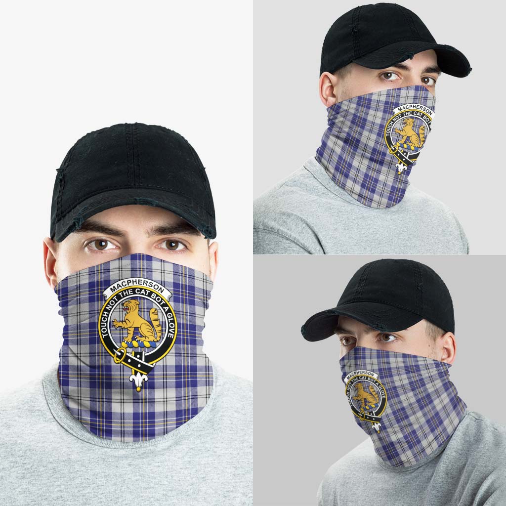 MacPherson Dress Blue Tartan Neck Gaiters, Tartan Bandanas, Tartan Head Band with Family Crest