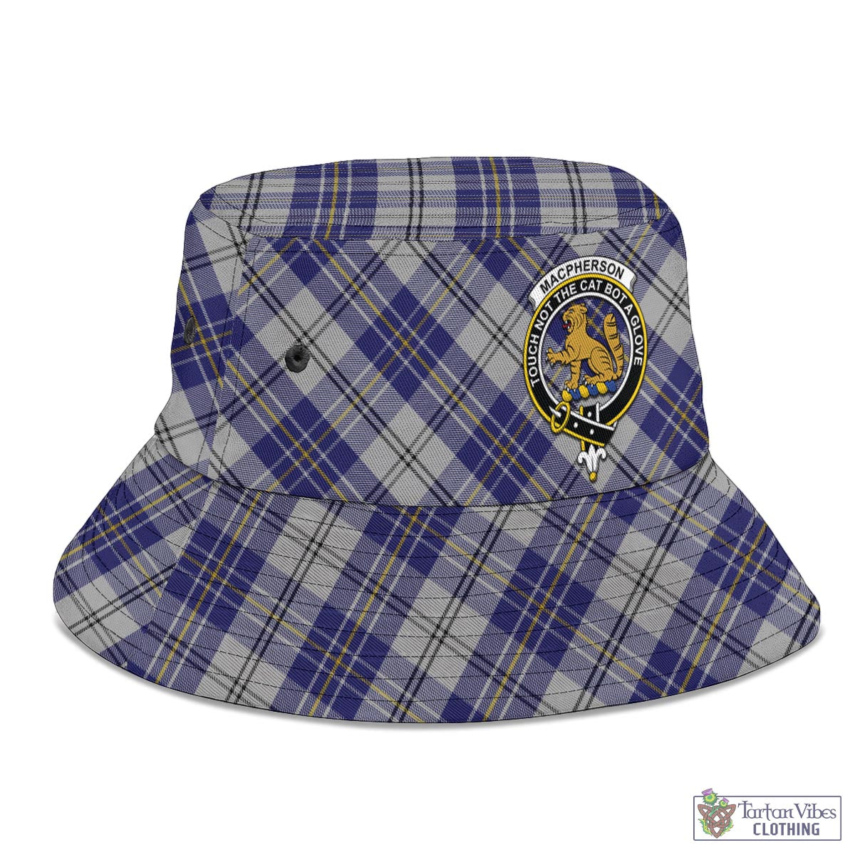Tartan Vibes Clothing MacPherson Dress Blue Tartan Bucket Hat with Family Crest