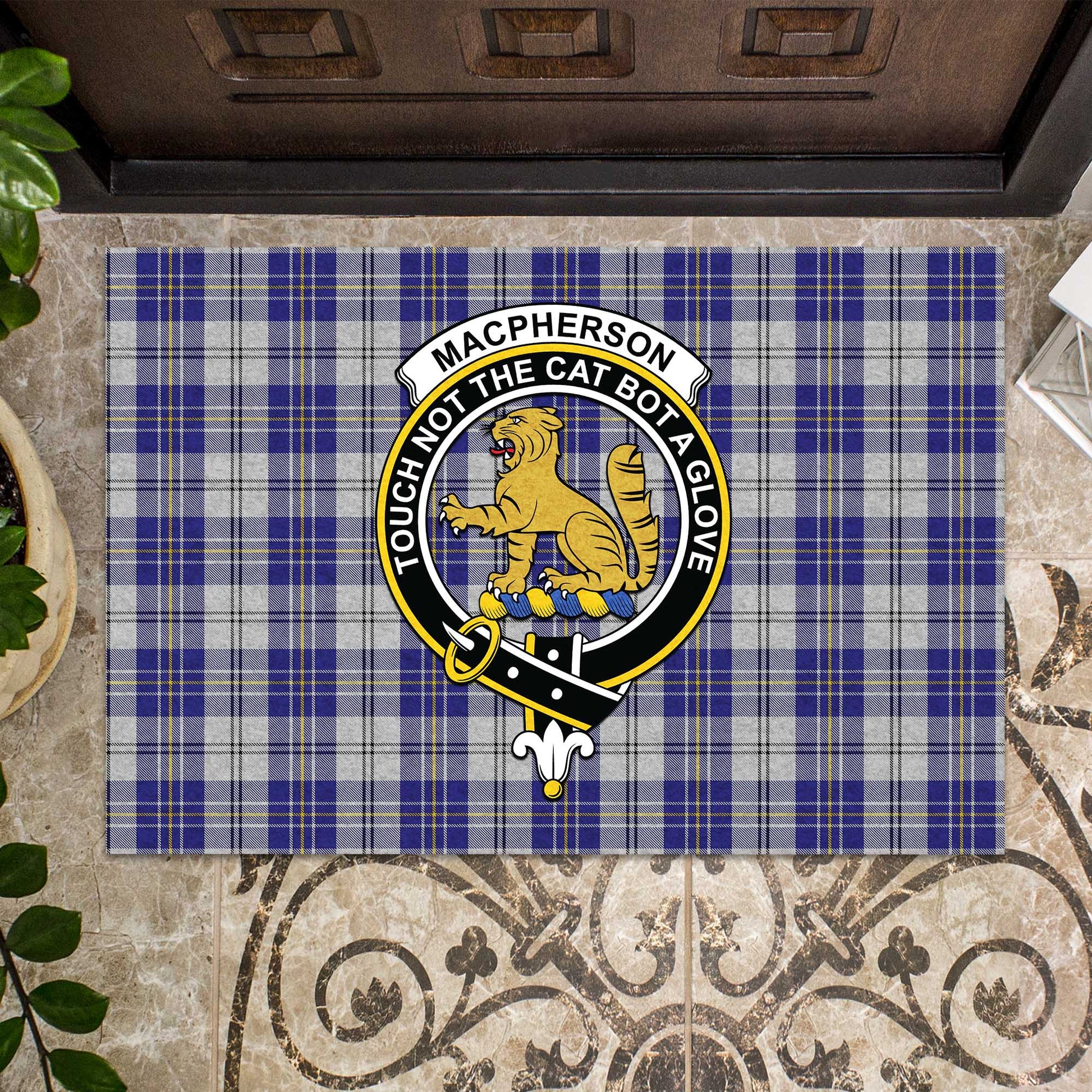 MacPherson Dress Blue Tartan Door Mat with Family Crest - Tartanvibesclothing