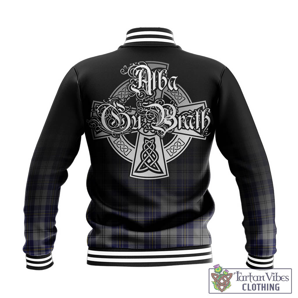 Tartan Vibes Clothing MacPherson Dress Blue Tartan Baseball Jacket Featuring Alba Gu Brath Family Crest Celtic Inspired