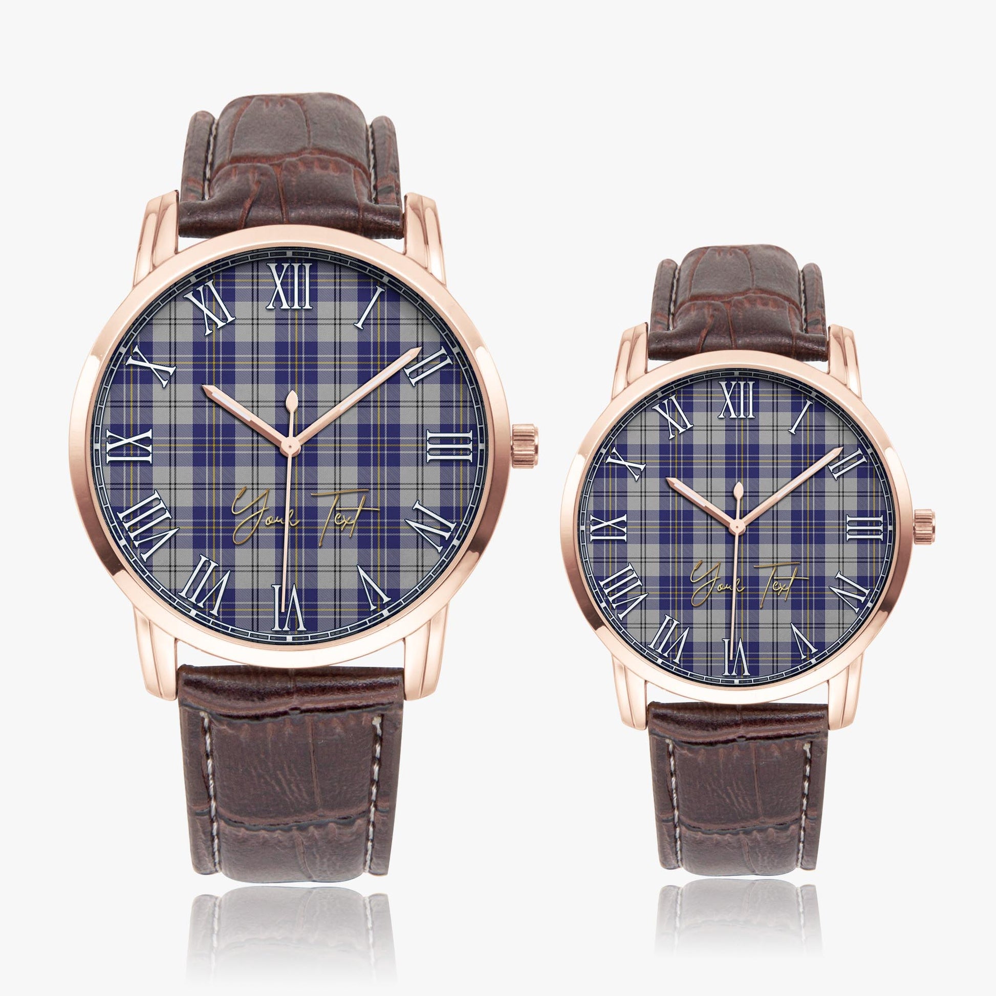 MacPherson Dress Blue Tartan Personalized Your Text Leather Trap Quartz Watch Wide Type Rose Gold Case With Brown Leather Strap - Tartanvibesclothing