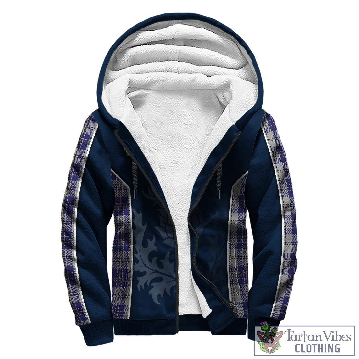Tartan Vibes Clothing MacPherson Dress Blue Tartan Sherpa Hoodie with Family Crest and Scottish Thistle Vibes Sport Style