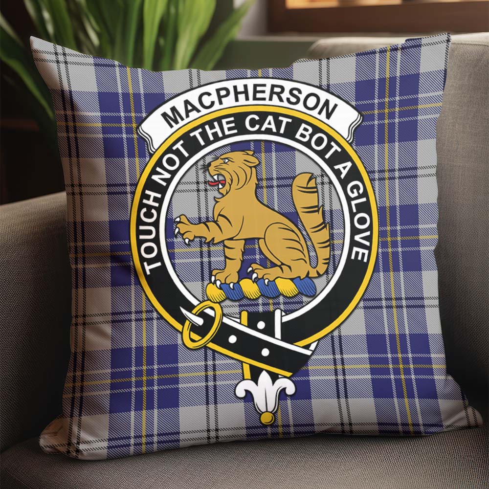 MacPherson Dress Blue Tartan Pillow Cover with Family Crest - Tartanvibesclothing