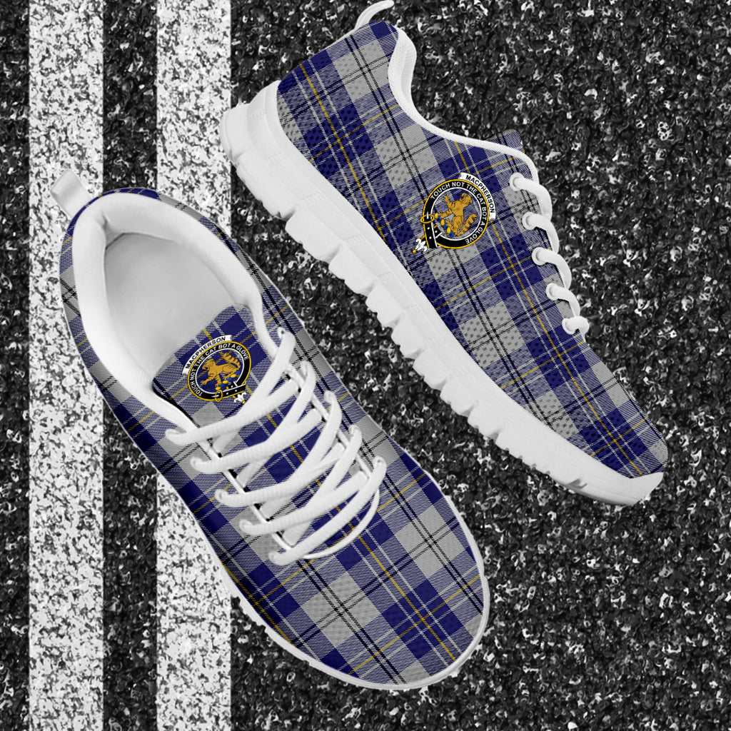 MacPherson Dress Blue Tartan Sneakers with Family Crest - Tartan Vibes Clothing