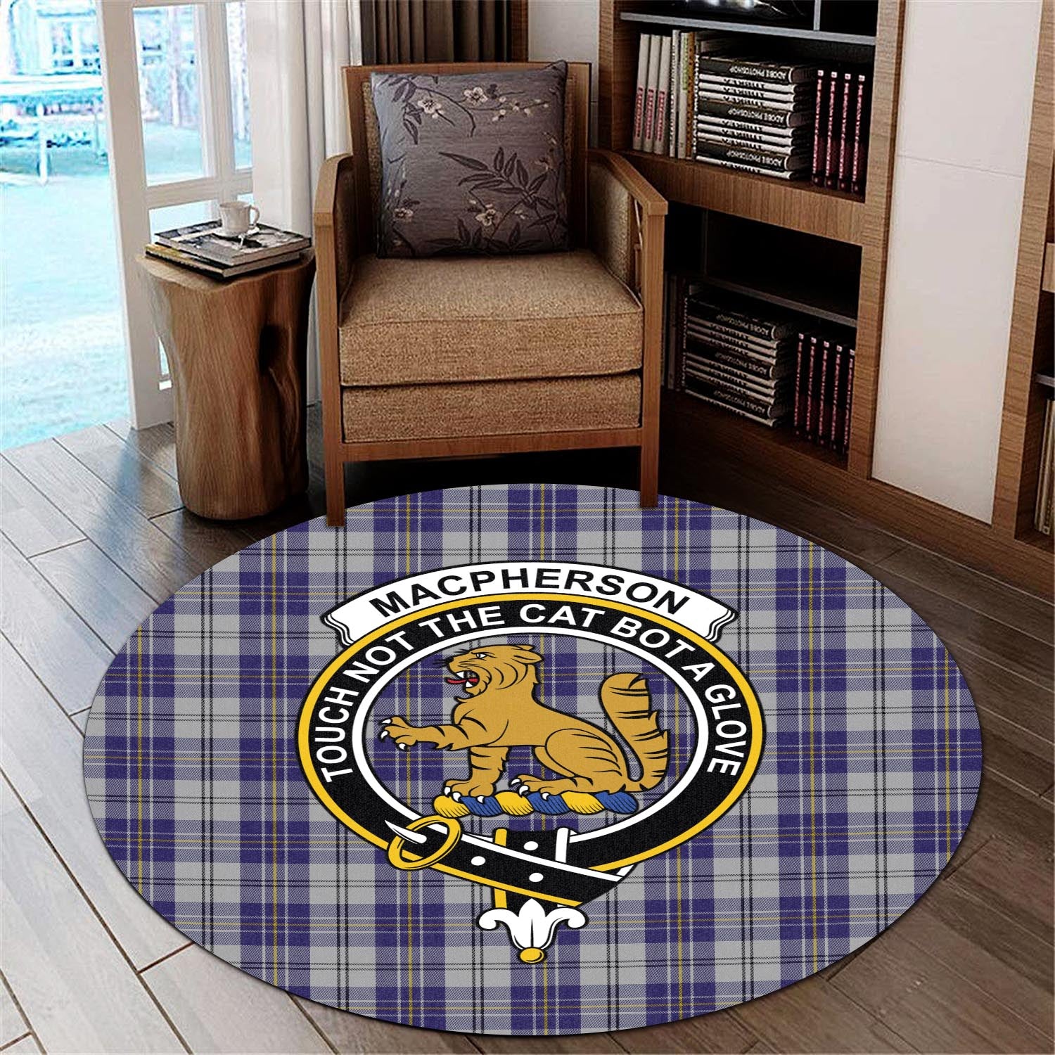 macpherson-dress-blue-tartan-round-rug-with-family-crest