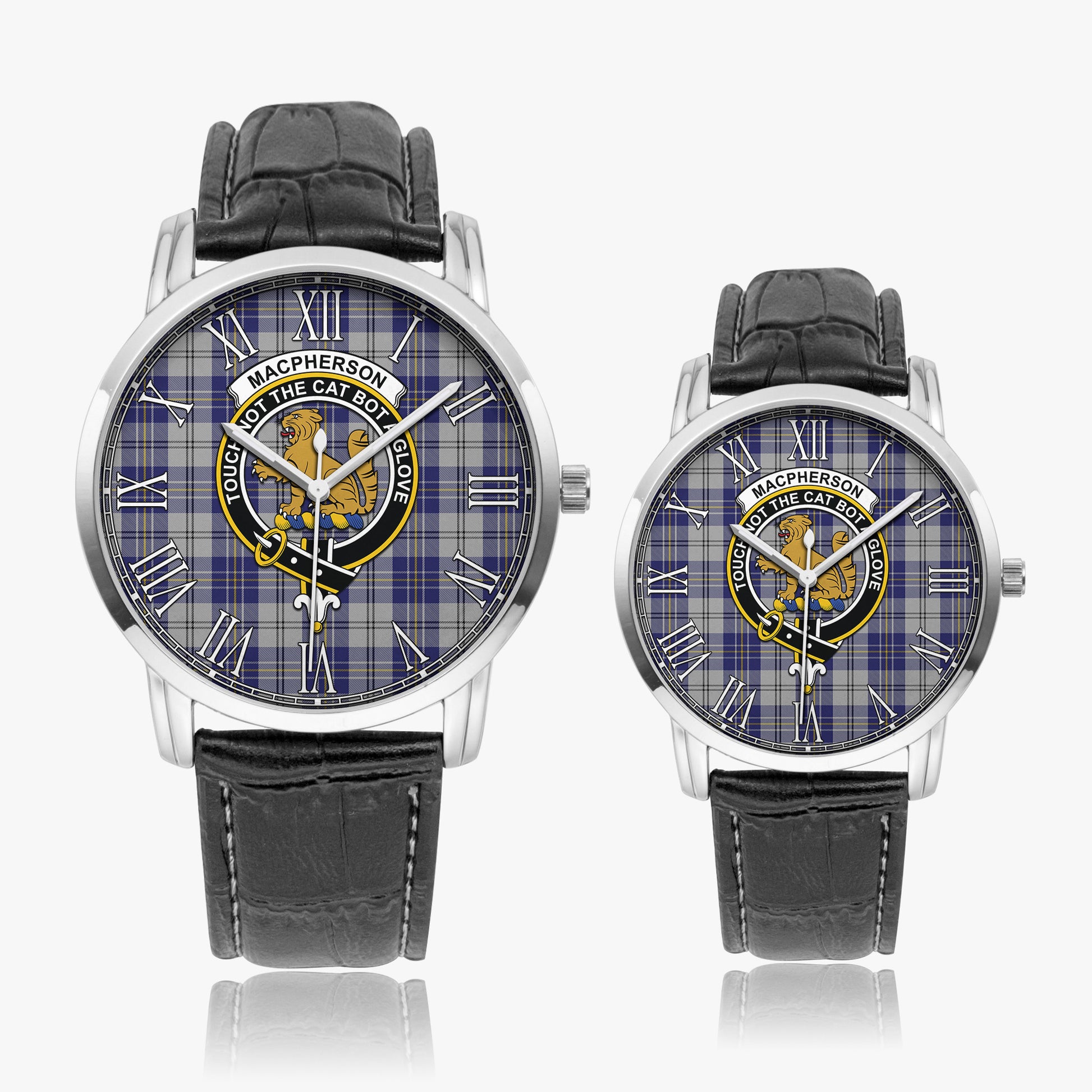 MacPherson Dress Blue Tartan Family Crest Leather Strap Quartz Watch - Tartanvibesclothing