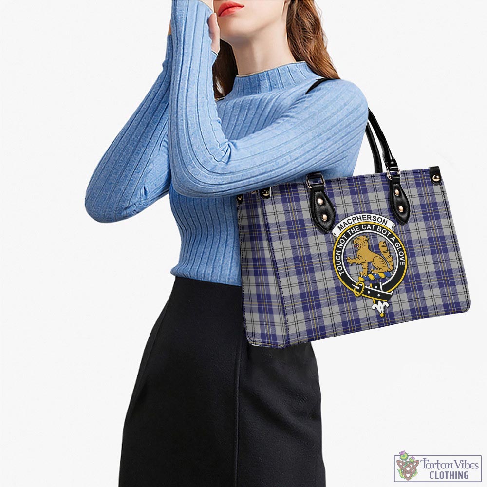 Tartan Vibes Clothing MacPherson Dress Blue Tartan Luxury Leather Handbags with Family Crest
