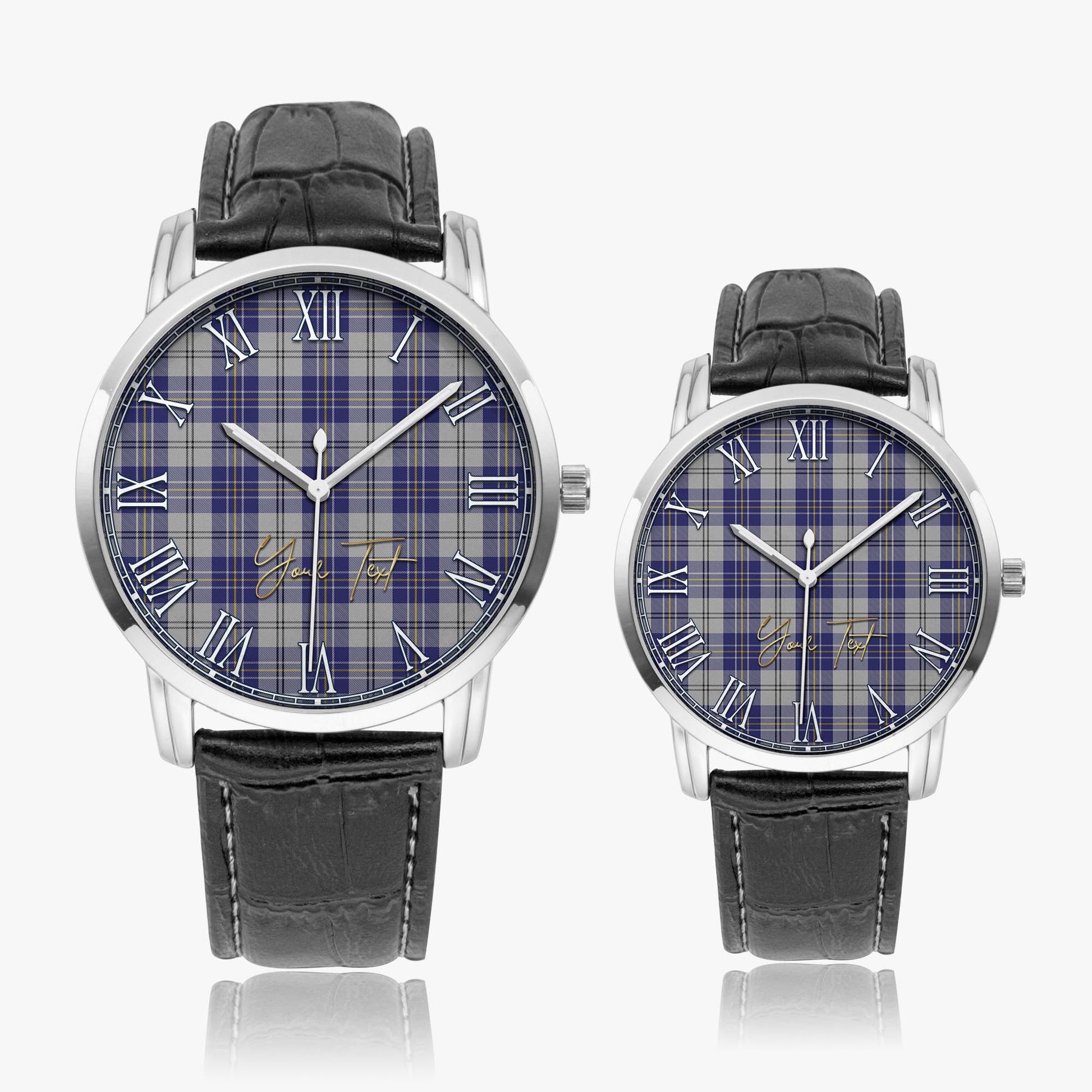 MacPherson Dress Blue Tartan Personalized Your Text Leather Trap Quartz Watch Wide Type Silver Case With Black Leather Strap - Tartanvibesclothing
