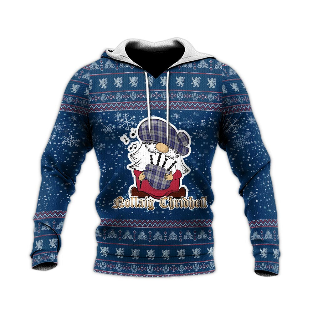 MacPherson Dress Blue Clan Christmas Knitted Hoodie with Funny Gnome Playing Bagpipes - Tartanvibesclothing