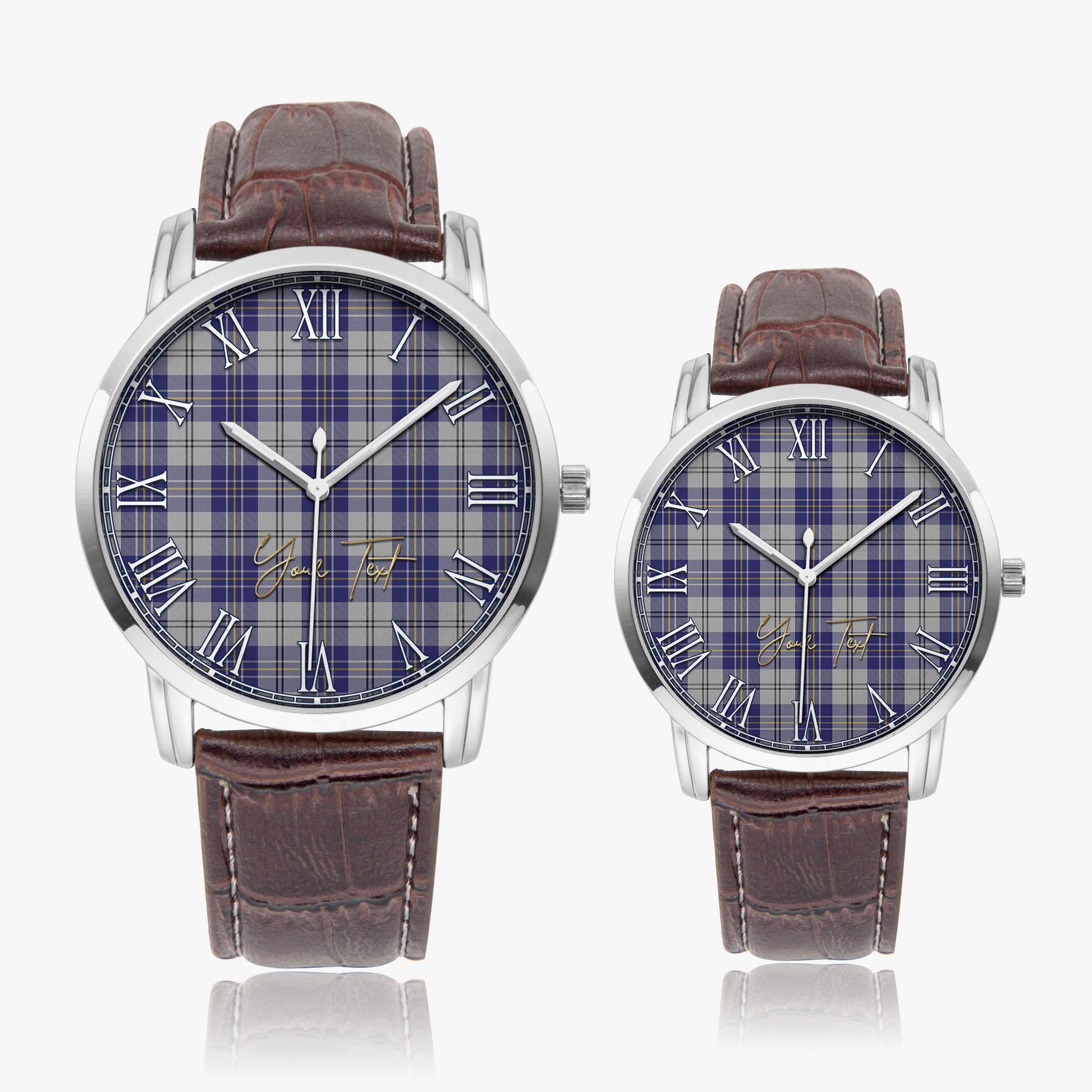 MacPherson Dress Blue Tartan Personalized Your Text Leather Trap Quartz Watch Wide Type Silver Case With Brown Leather Strap - Tartanvibesclothing