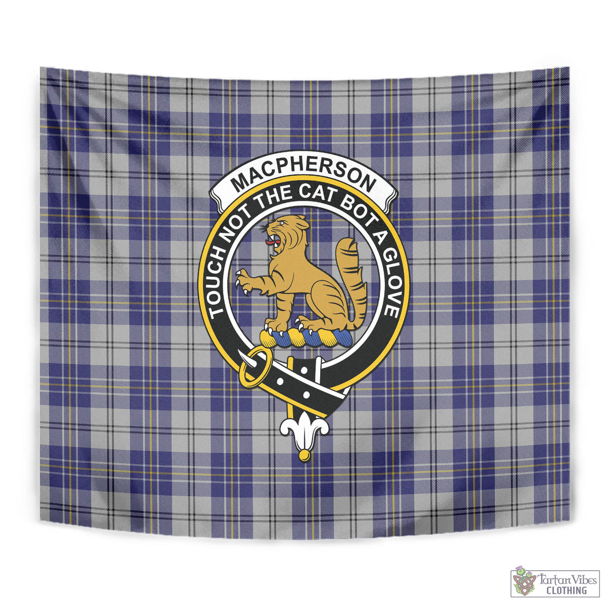 Tartan Vibes Clothing MacPherson Dress Blue Tartan Tapestry Wall Hanging and Home Decor for Room with Family Crest