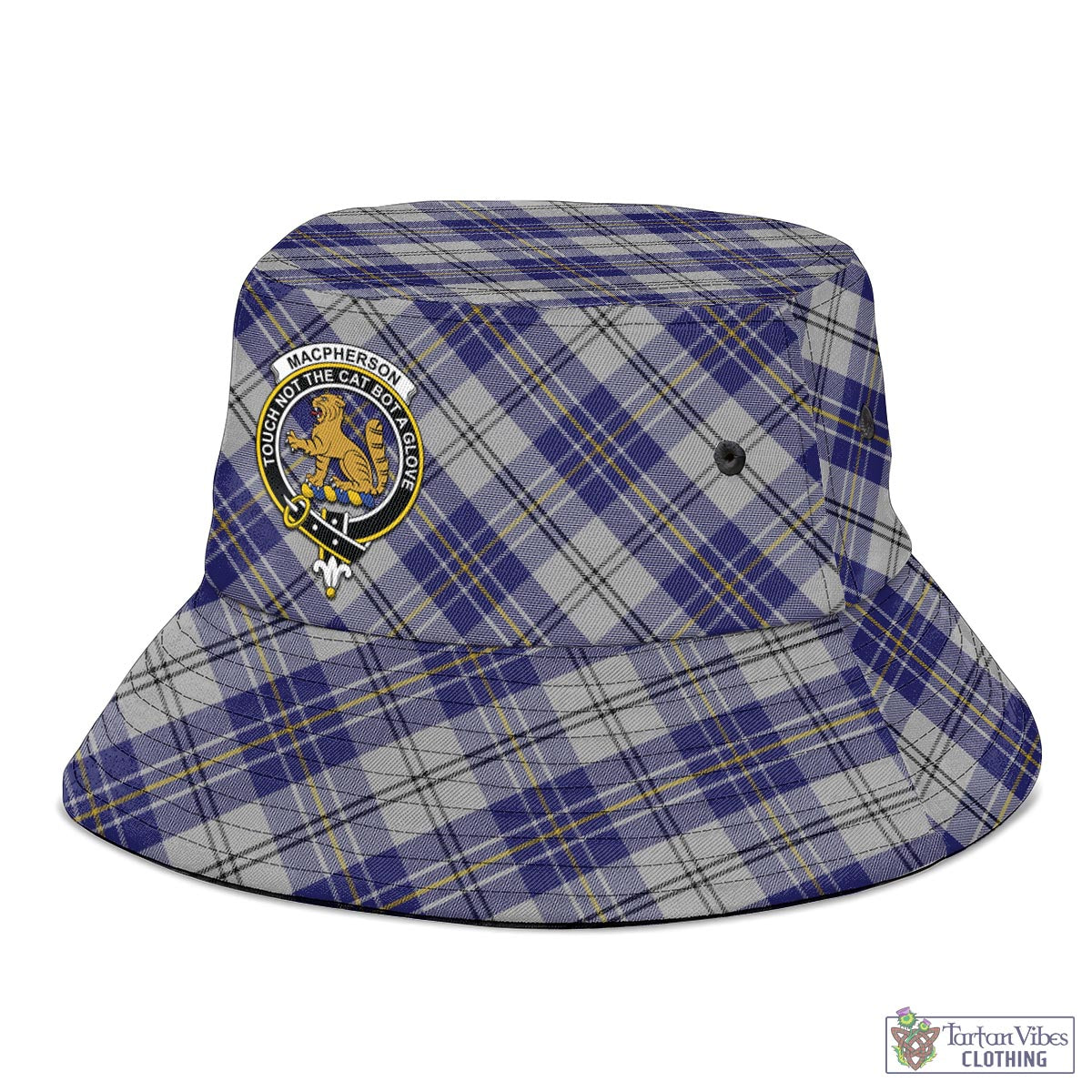 Tartan Vibes Clothing MacPherson Dress Blue Tartan Bucket Hat with Family Crest