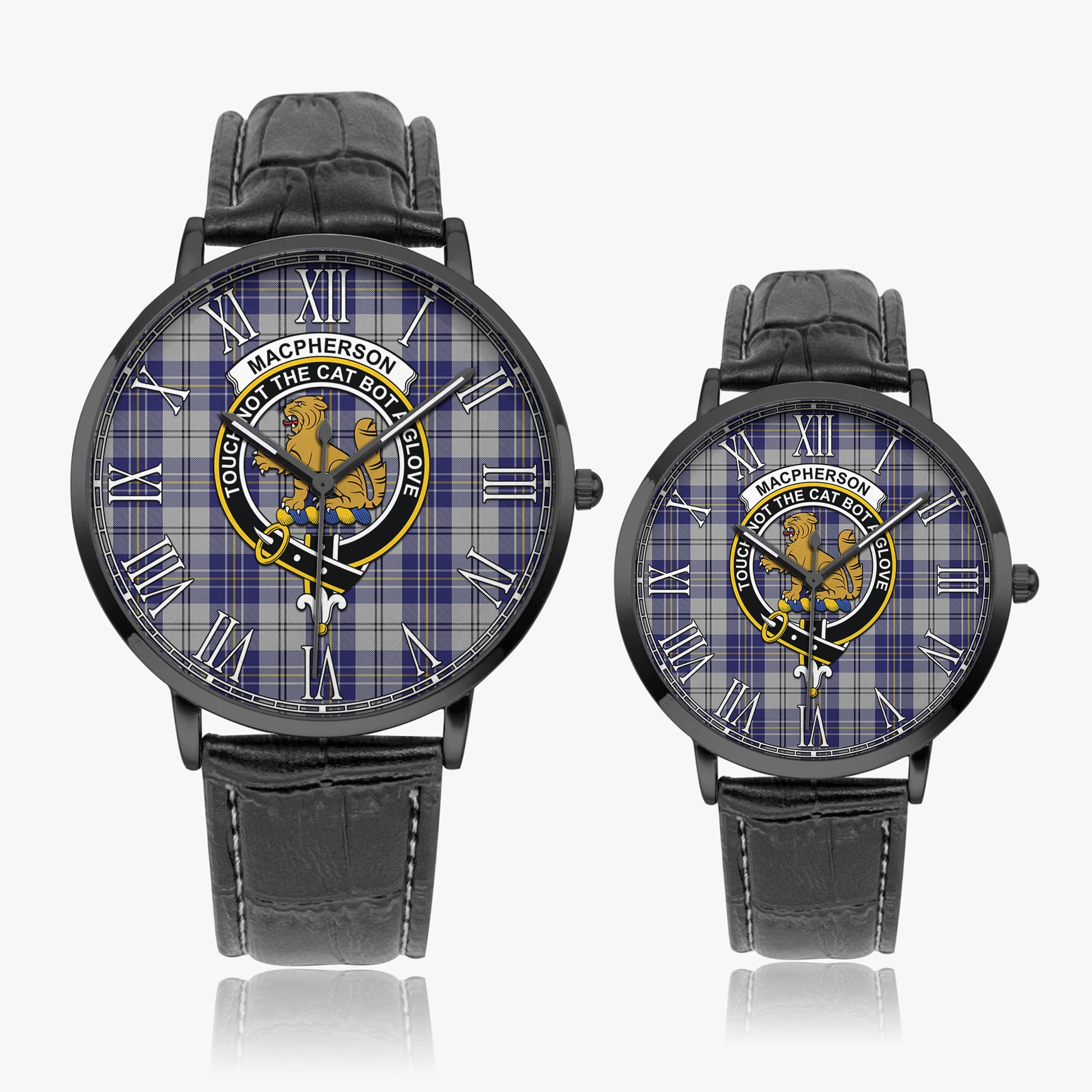 MacPherson Dress Blue Tartan Family Crest Leather Strap Quartz Watch - Tartanvibesclothing