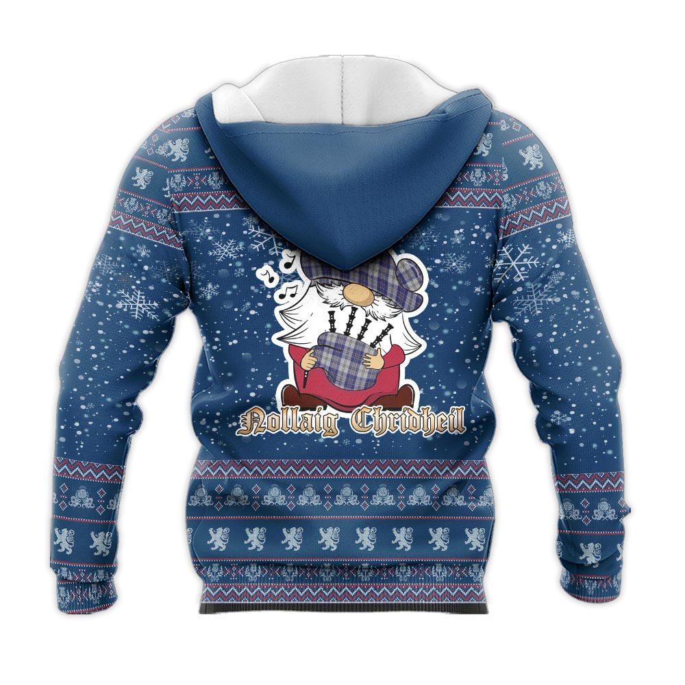 MacPherson Dress Blue Clan Christmas Knitted Hoodie with Funny Gnome Playing Bagpipes - Tartanvibesclothing