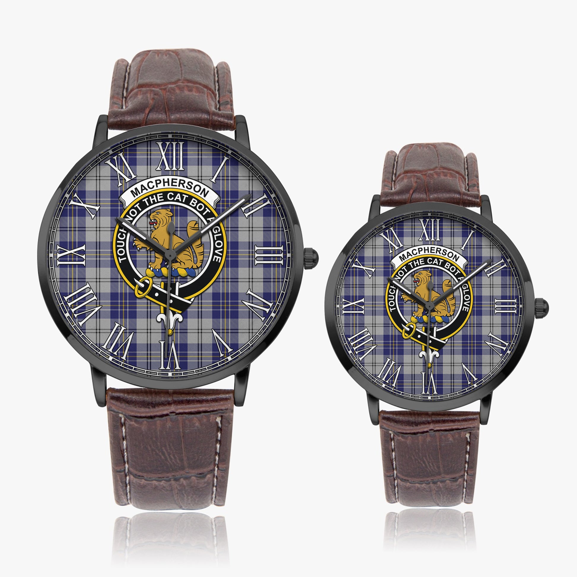 MacPherson Dress Blue Tartan Family Crest Leather Strap Quartz Watch - Tartanvibesclothing