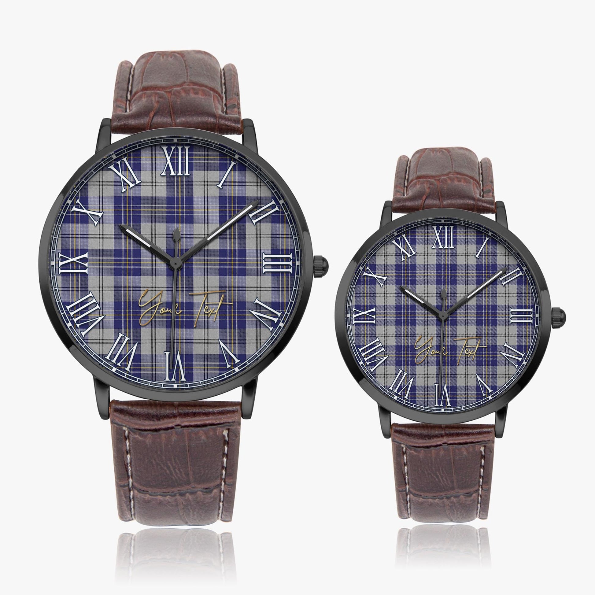 MacPherson Dress Blue Tartan Personalized Your Text Leather Trap Quartz Watch Ultra Thin Black Case With Brown Leather Strap - Tartanvibesclothing