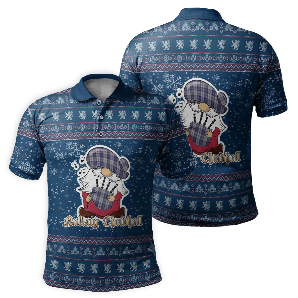 MacPherson Dress Blue Clan Christmas Family Polo Shirt with Funny Gnome Playing Bagpipes Men's Polo Shirt Blue - Tartanvibesclothing