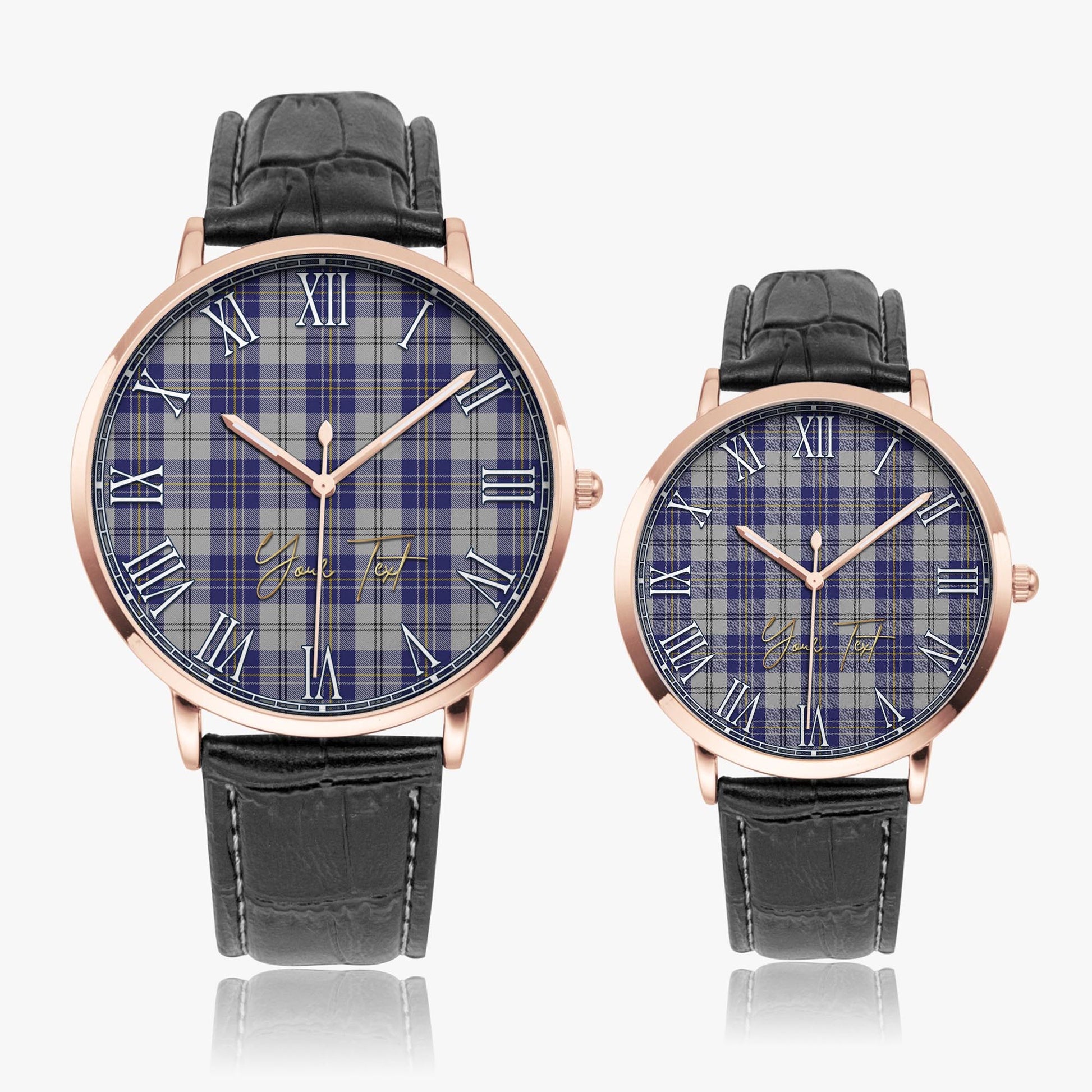 MacPherson Dress Blue Tartan Personalized Your Text Leather Trap Quartz Watch Ultra Thin Rose Gold Case With Black Leather Strap - Tartanvibesclothing