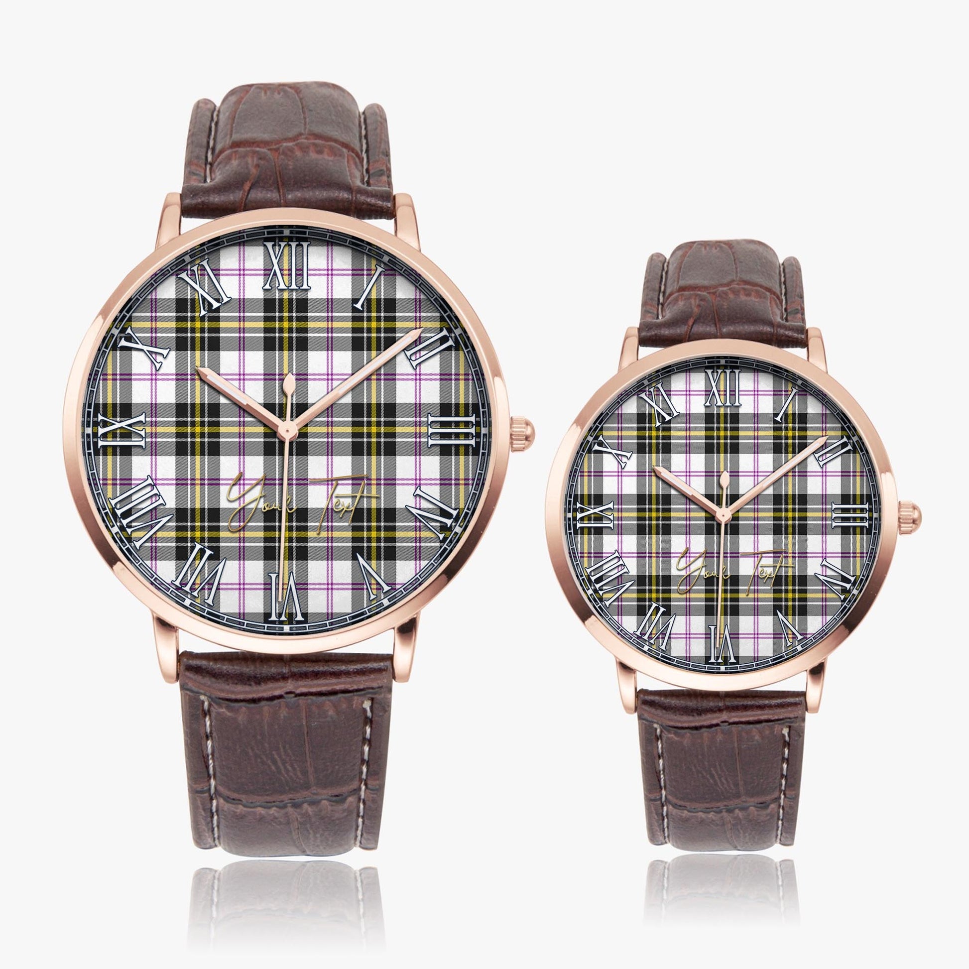 MacPherson Dress Modern Tartan Personalized Your Text Leather Trap Quartz Watch Ultra Thin Rose Gold Case With Brown Leather Strap - Tartanvibesclothing