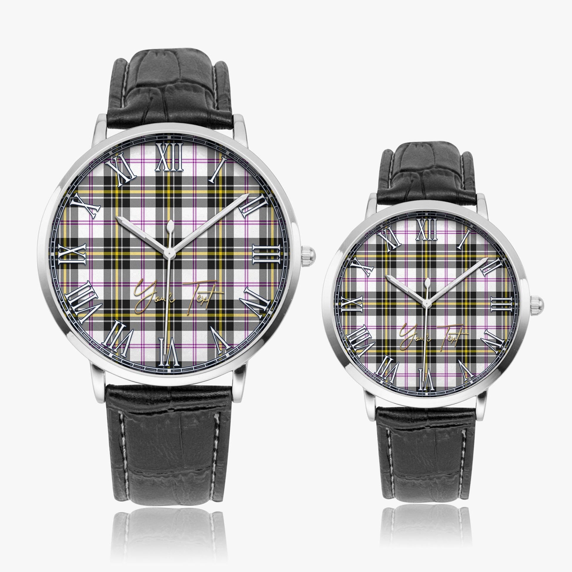 MacPherson Dress Modern Tartan Personalized Your Text Leather Trap Quartz Watch Ultra Thin Silver Case With Black Leather Strap - Tartanvibesclothing