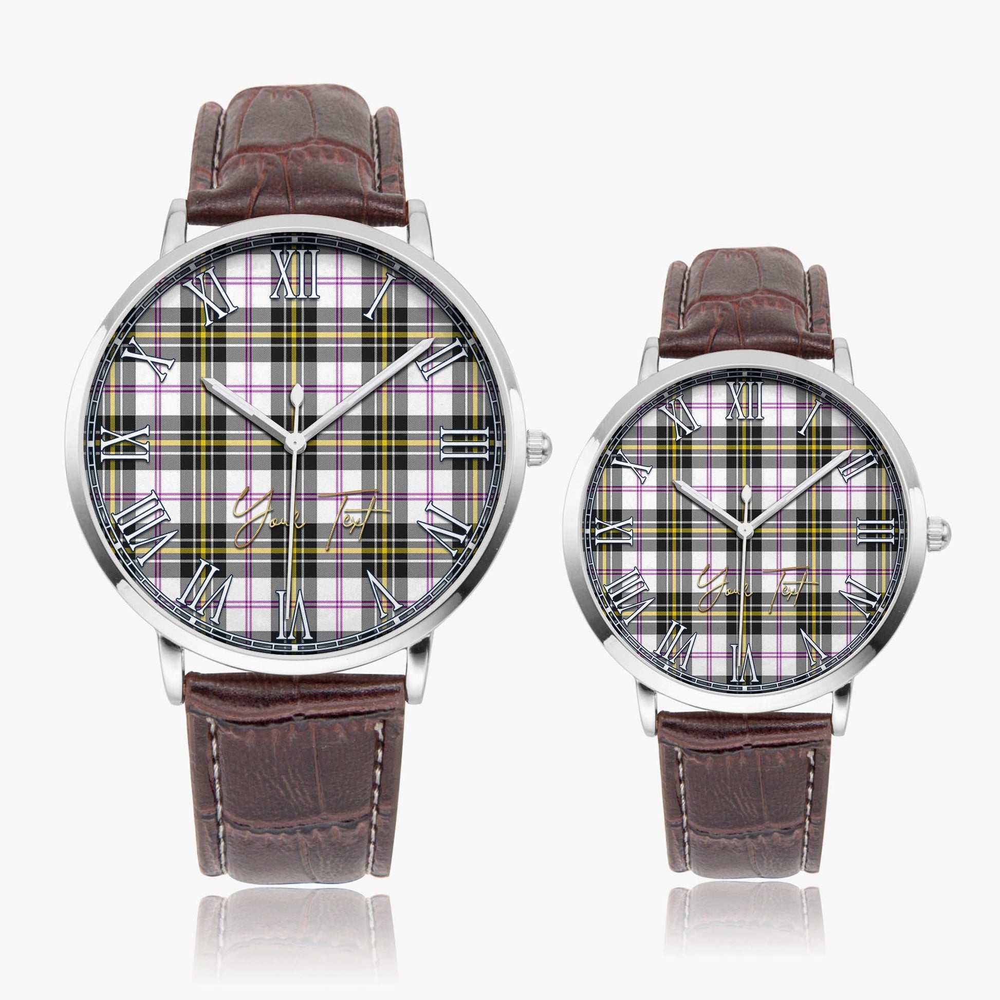 MacPherson Dress Modern Tartan Personalized Your Text Leather Trap Quartz Watch Ultra Thin Silver Case With Brown Leather Strap - Tartanvibesclothing