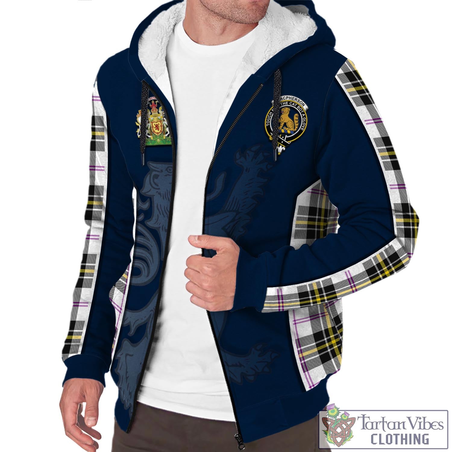 Tartan Vibes Clothing MacPherson Dress Modern Tartan Sherpa Hoodie with Family Crest and Lion Rampant Vibes Sport Style