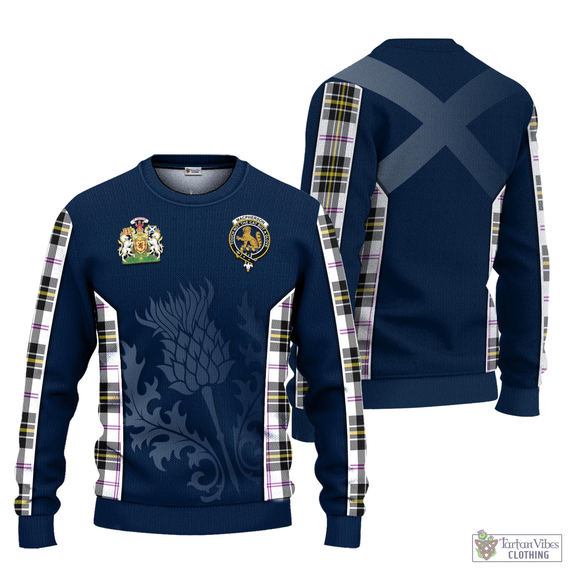 Tartan Vibes Clothing MacPherson Dress Modern Tartan Knitted Sweatshirt with Family Crest and Scottish Thistle Vibes Sport Style