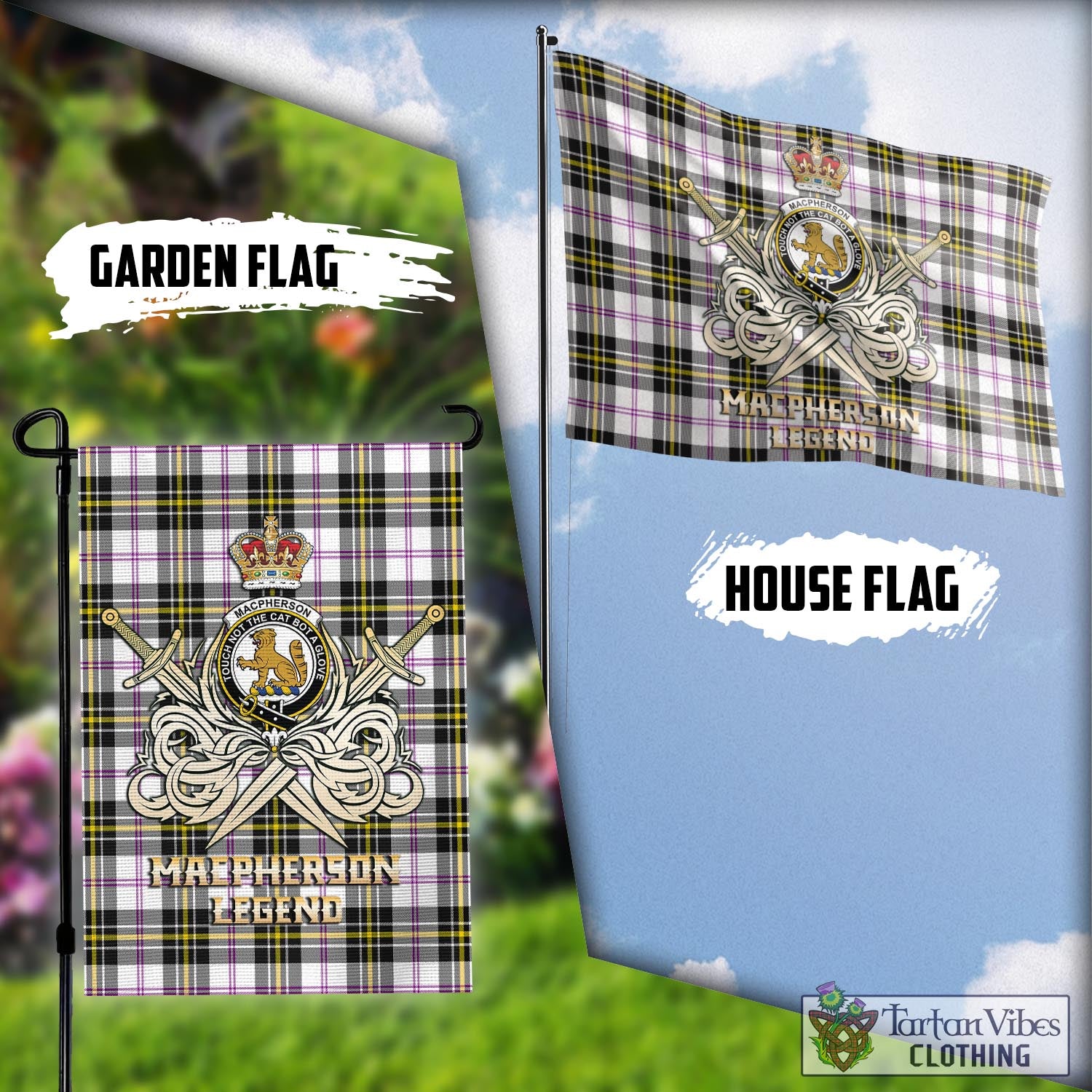 Tartan Vibes Clothing MacPherson Dress Modern Tartan Flag with Clan Crest and the Golden Sword of Courageous Legacy