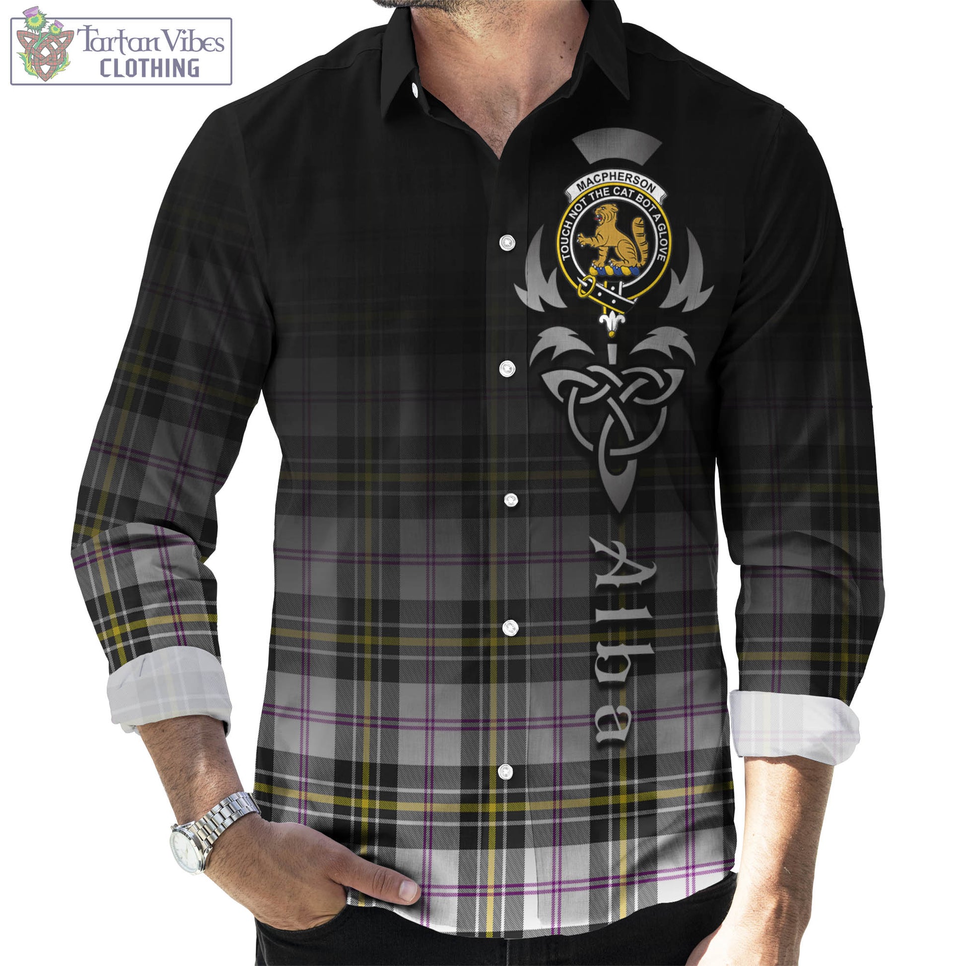 Tartan Vibes Clothing MacPherson Dress Modern Tartan Long Sleeve Button Up Featuring Alba Gu Brath Family Crest Celtic Inspired