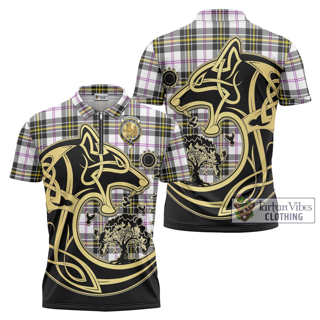 MacPherson Dress Modern Tartan Zipper Polo Shirt with Family Crest Celtic Wolf Style Unisex - Tartanvibesclothing Shop