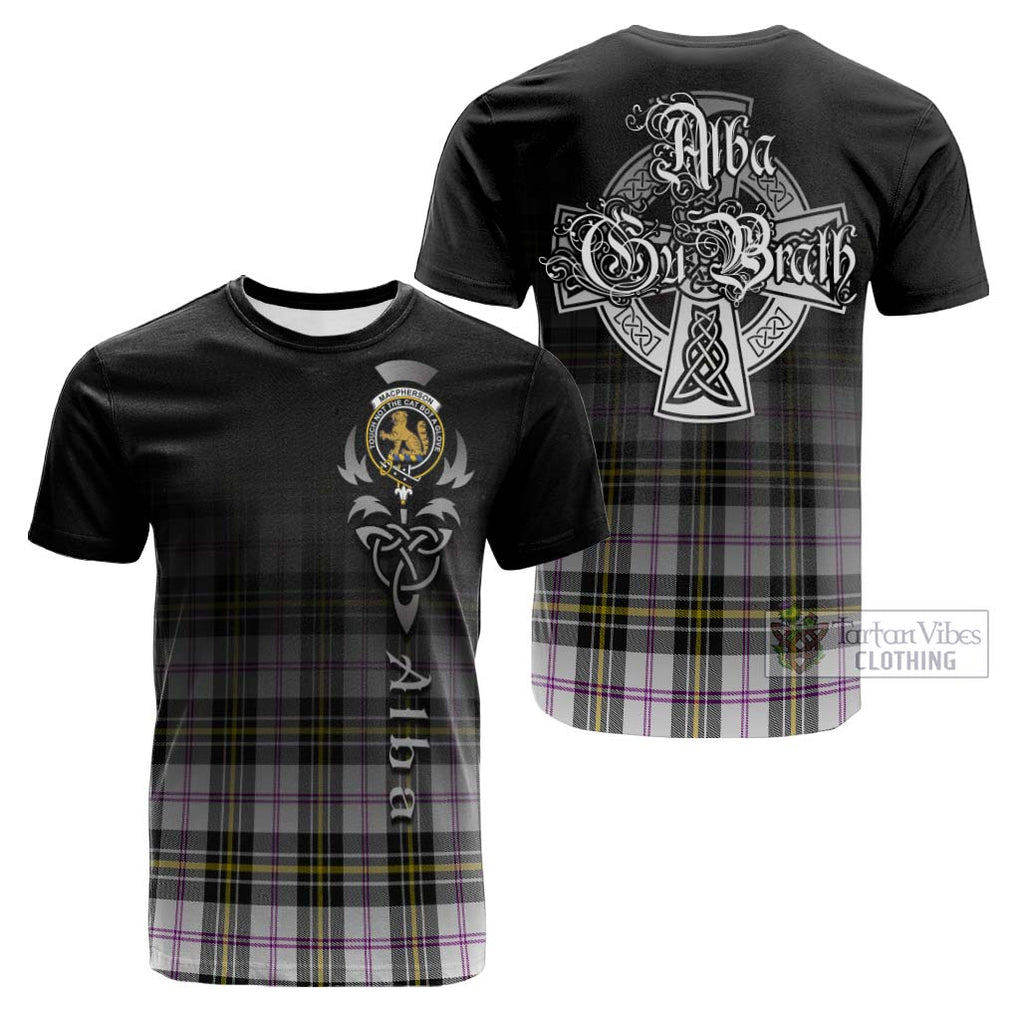 Tartan Vibes Clothing MacPherson Dress Modern Tartan Cotton T-shirt Featuring Alba Gu Brath Family Crest Celtic Inspired