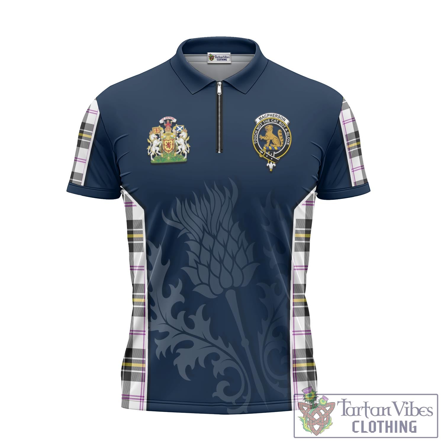 Tartan Vibes Clothing MacPherson Dress Modern Tartan Zipper Polo Shirt with Family Crest and Scottish Thistle Vibes Sport Style