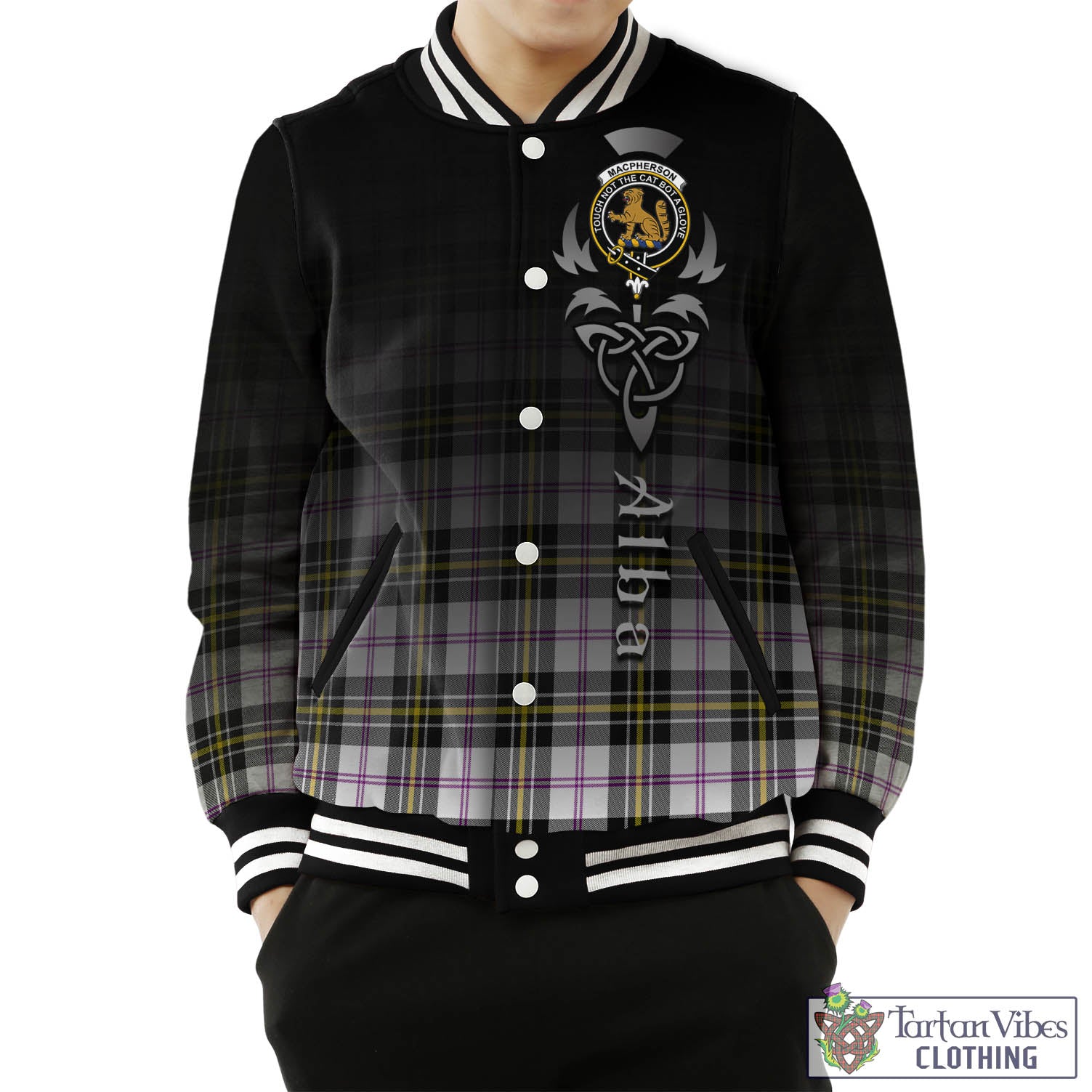 Tartan Vibes Clothing MacPherson Dress Modern Tartan Baseball Jacket Featuring Alba Gu Brath Family Crest Celtic Inspired