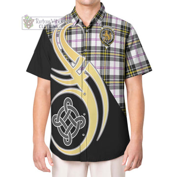 MacPherson Dress Modern Tartan Short Sleeve Button Shirt with Family Crest and Celtic Symbol Style