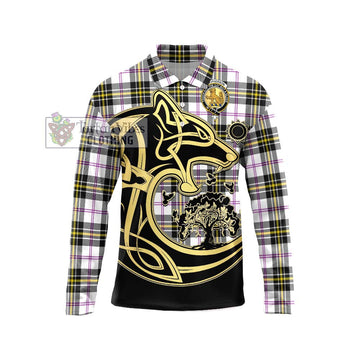 MacPherson Dress Modern Tartan Long Sleeve Polo Shirt with Family Crest Celtic Wolf Style