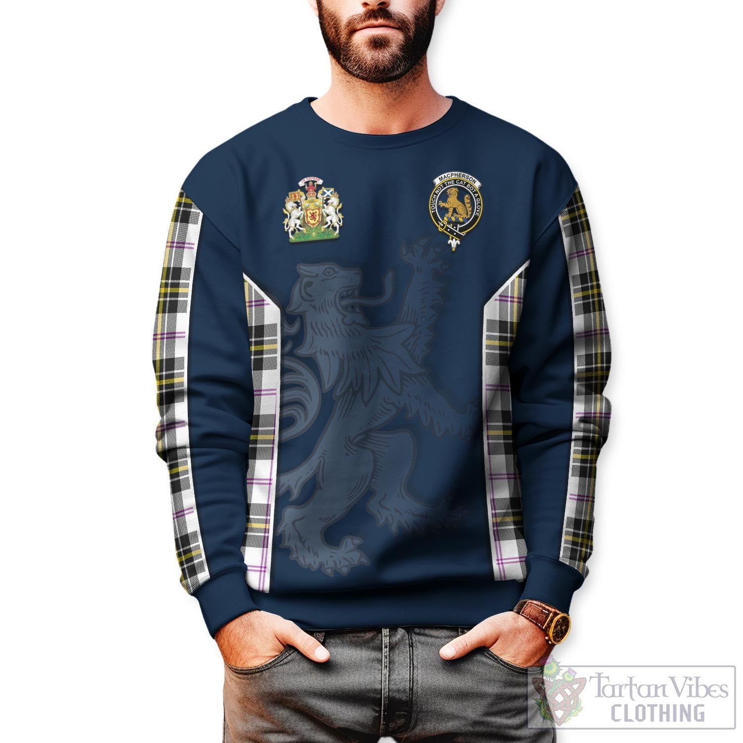 Tartan Vibes Clothing MacPherson Dress Modern Tartan Sweater with Family Crest and Lion Rampant Vibes Sport Style