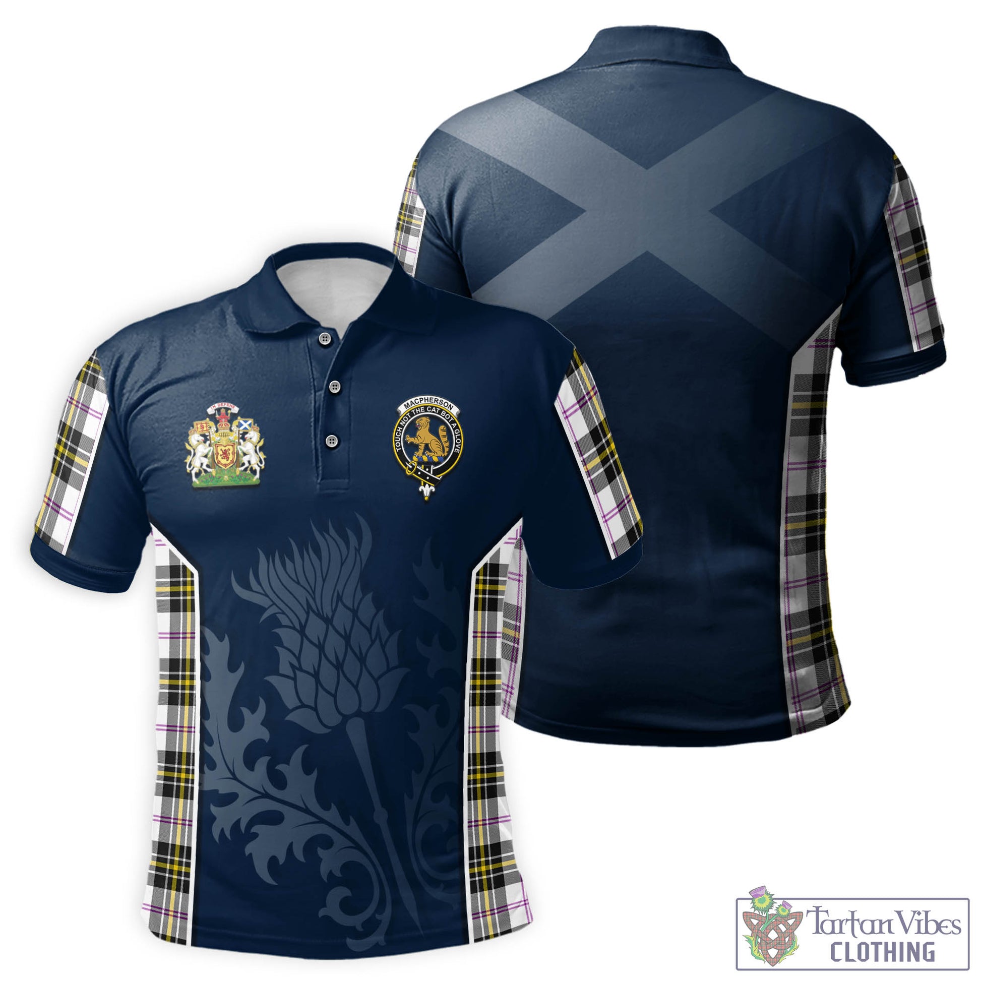 Tartan Vibes Clothing MacPherson Dress Modern Tartan Men's Polo Shirt with Family Crest and Scottish Thistle Vibes Sport Style