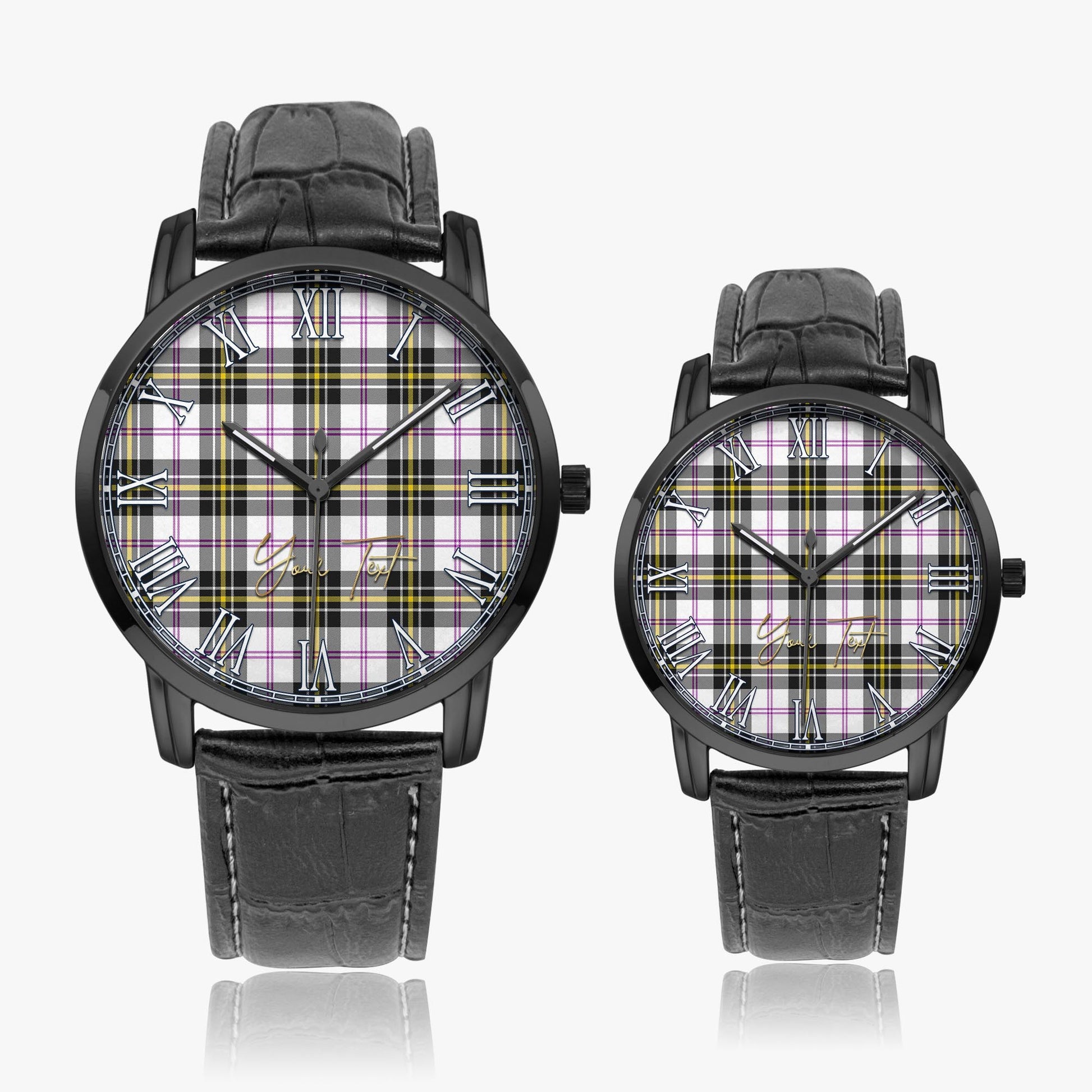 MacPherson Dress Modern Tartan Personalized Your Text Leather Trap Quartz Watch Wide Type Black Case With Black Leather Strap - Tartanvibesclothing