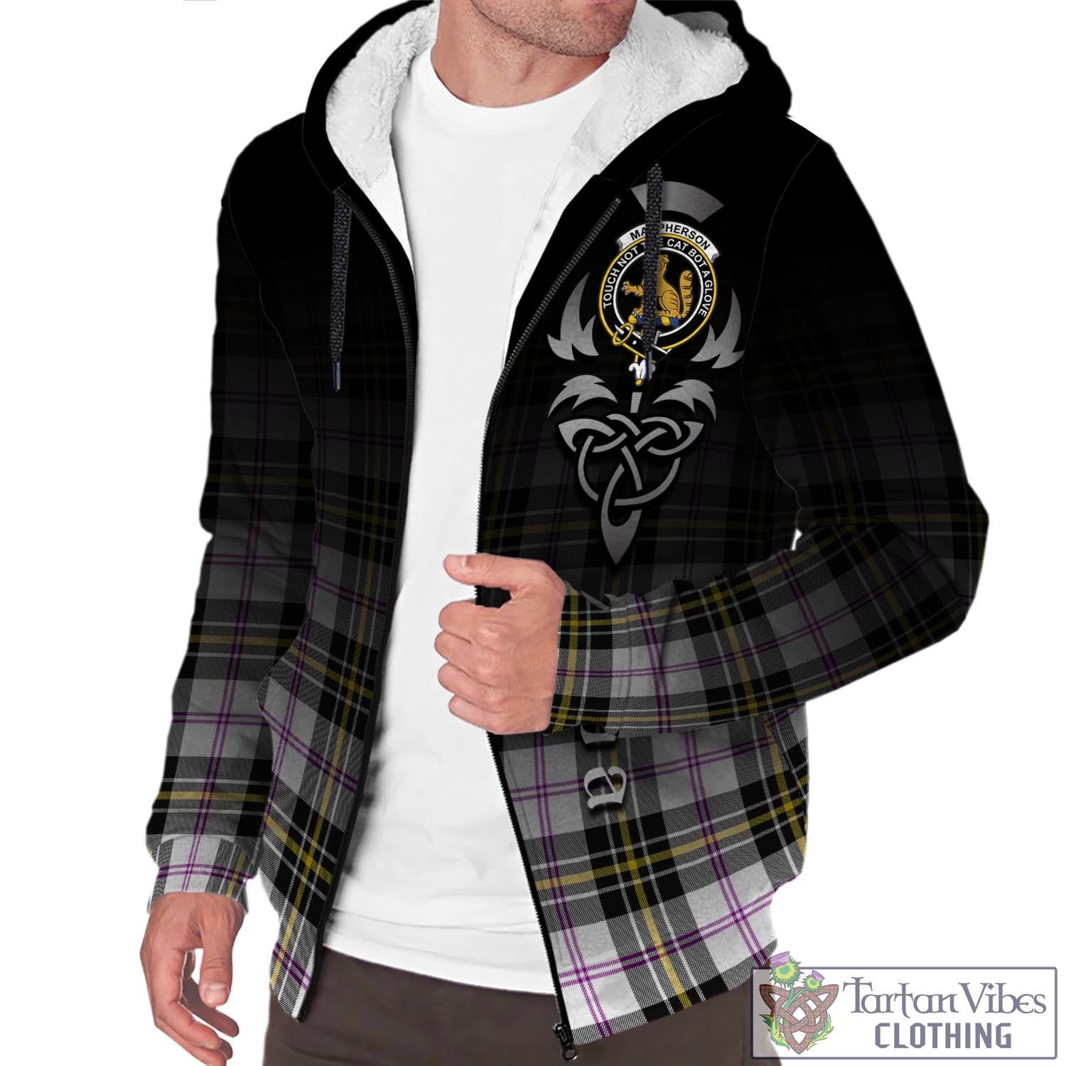 Tartan Vibes Clothing MacPherson Dress Modern Tartan Sherpa Hoodie Featuring Alba Gu Brath Family Crest Celtic Inspired