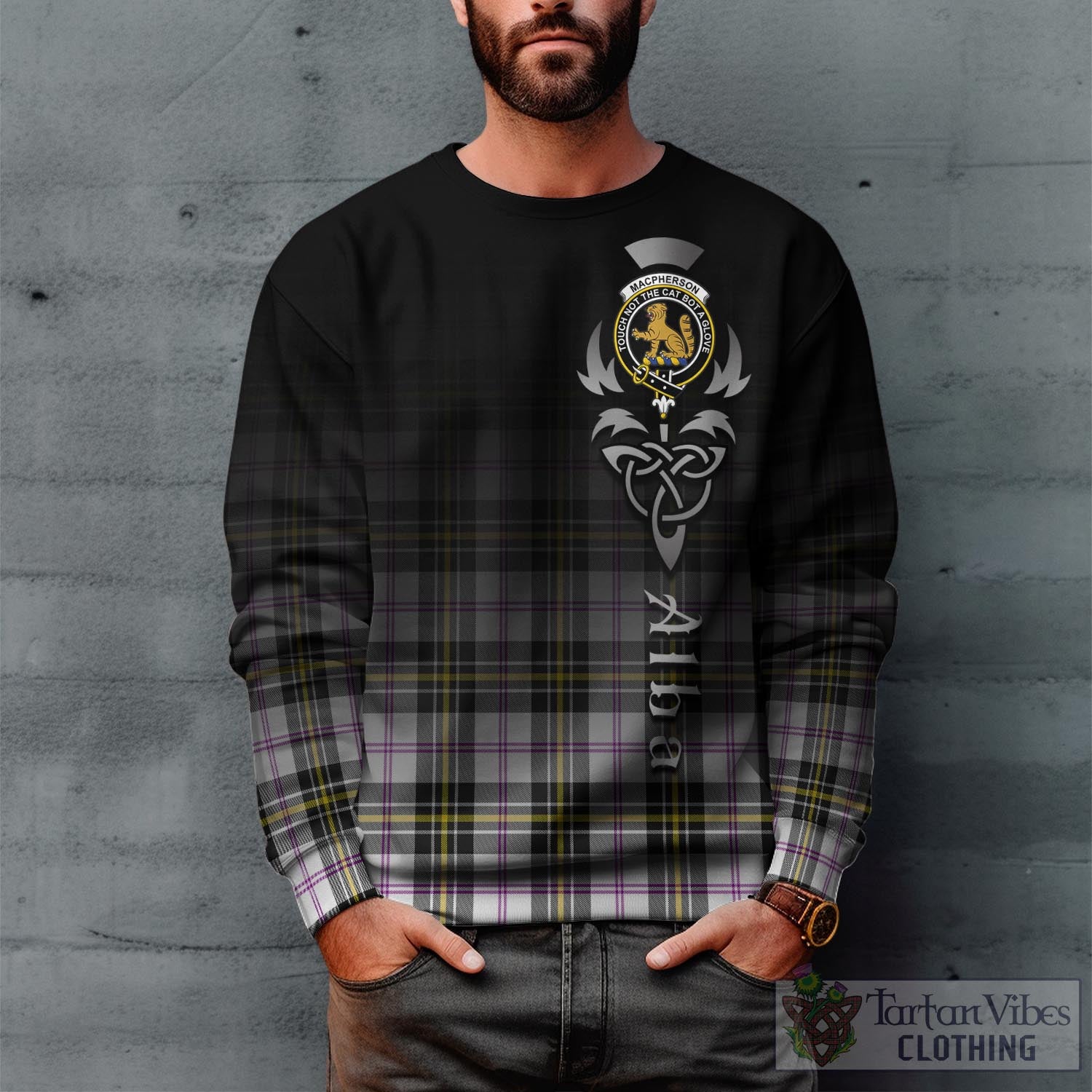 Tartan Vibes Clothing MacPherson Dress Modern Tartan Sweatshirt Featuring Alba Gu Brath Family Crest Celtic Inspired