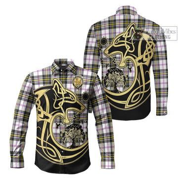 MacPherson Dress Modern Tartan Long Sleeve Button Shirt with Family Crest Celtic Wolf Style