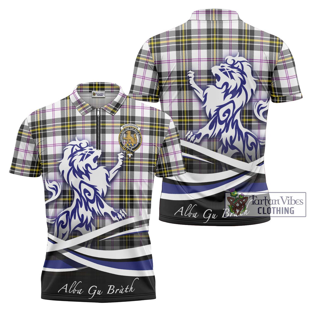 MacPherson Dress Modern Tartan Zipper Polo Shirt with Alba Gu Brath Regal Lion Emblem Unisex - Tartanvibesclothing Shop