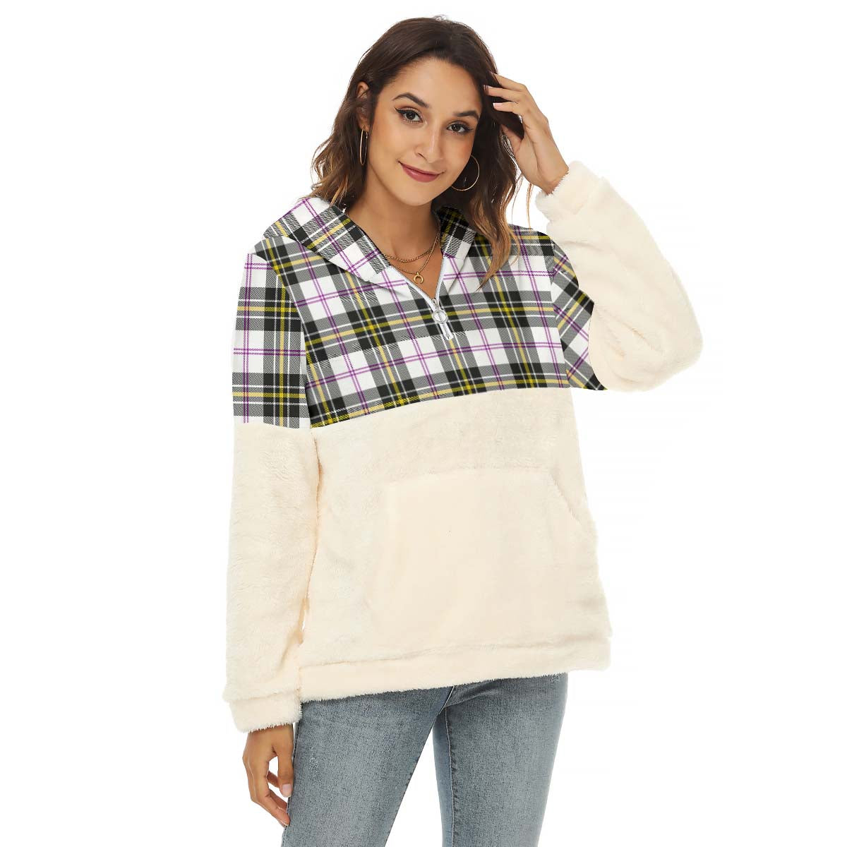 MacPherson Dress Modern Tartan Women's Borg Fleece Hoodie With Half Zip Female - Tartan Vibes Clothing