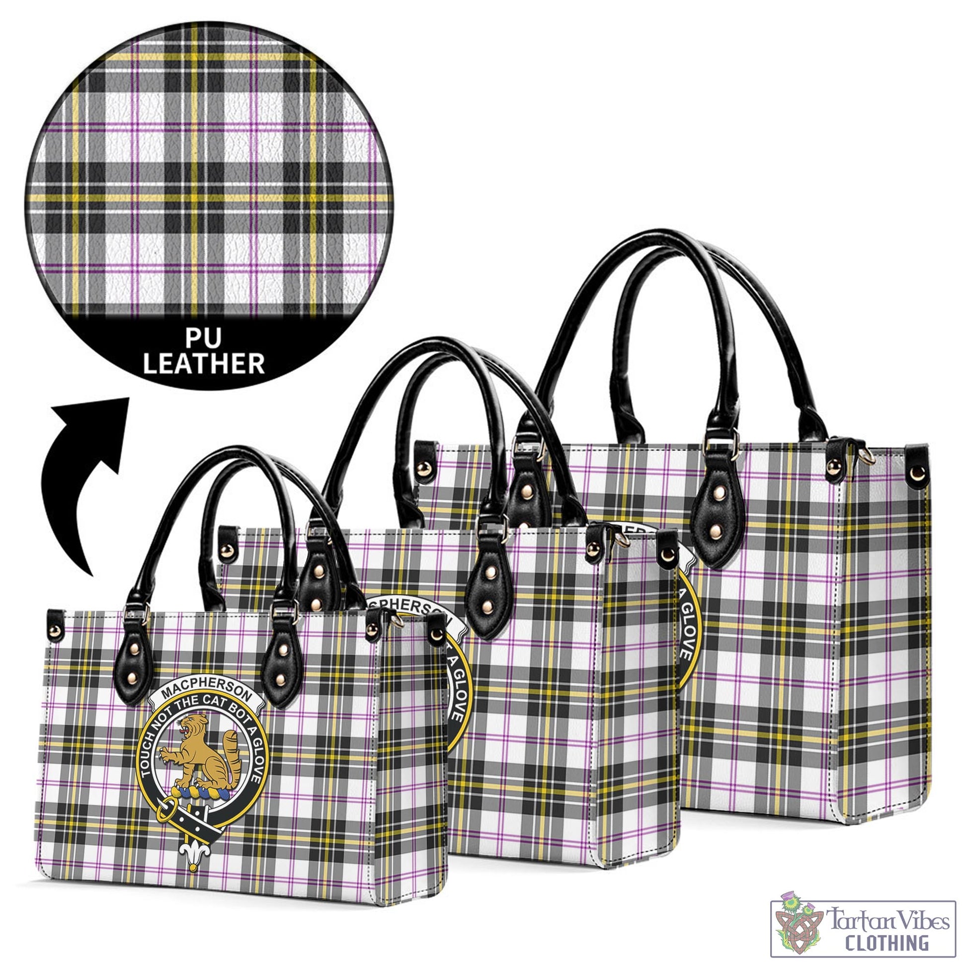 Tartan Vibes Clothing MacPherson Dress Modern Tartan Luxury Leather Handbags with Family Crest