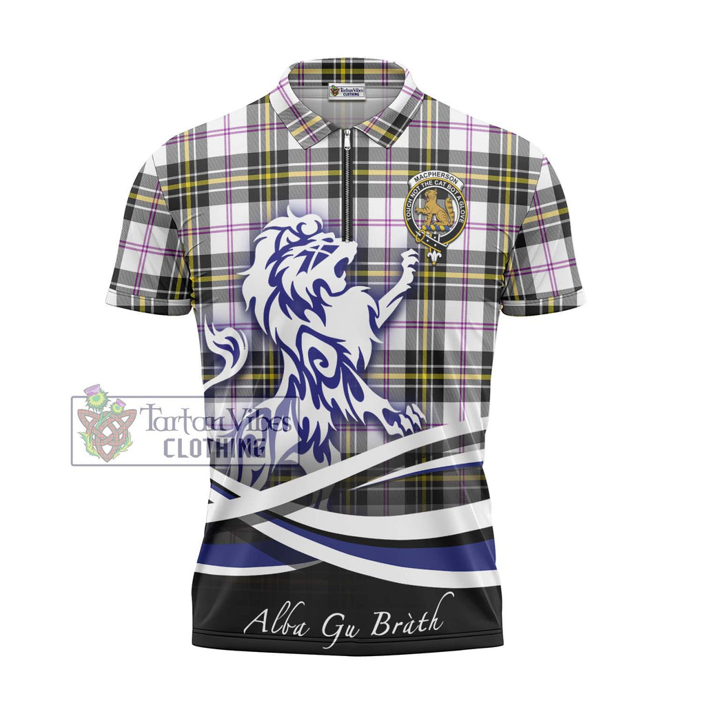 MacPherson Dress Modern Tartan Zipper Polo Shirt with Alba Gu Brath Regal Lion Emblem - Tartanvibesclothing Shop