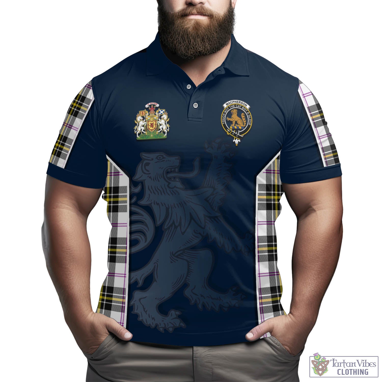 Tartan Vibes Clothing MacPherson Dress Modern Tartan Men's Polo Shirt with Family Crest and Lion Rampant Vibes Sport Style