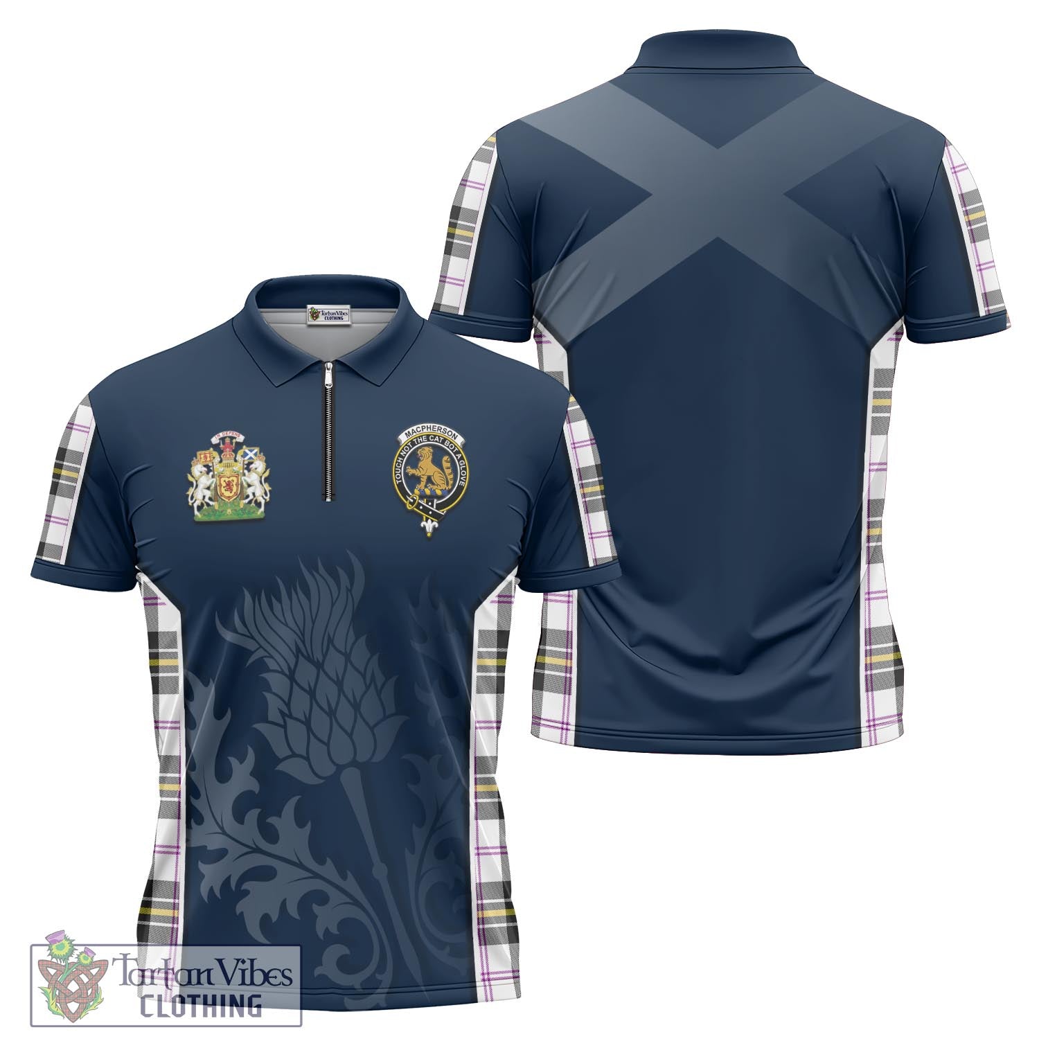 Tartan Vibes Clothing MacPherson Dress Modern Tartan Zipper Polo Shirt with Family Crest and Scottish Thistle Vibes Sport Style