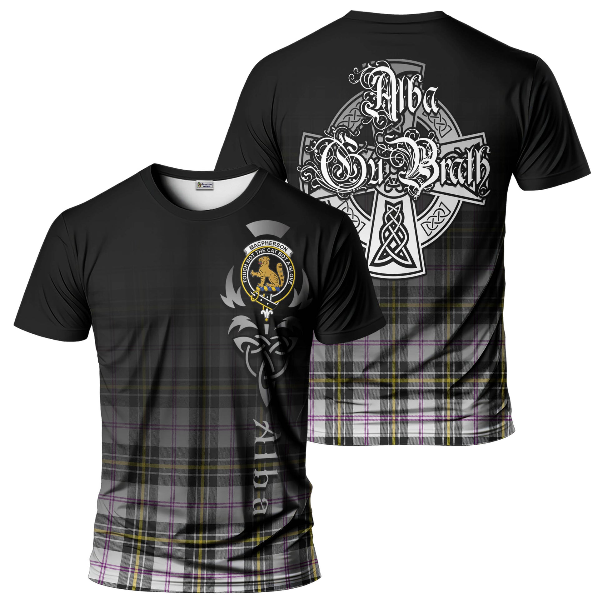 Tartan Vibes Clothing MacPherson Dress Modern Tartan T-Shirt Featuring Alba Gu Brath Family Crest Celtic Inspired