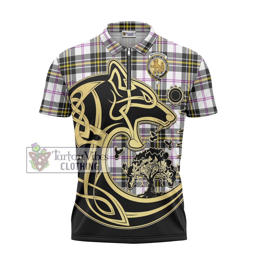 MacPherson Dress Modern Tartan Zipper Polo Shirt with Family Crest Celtic Wolf Style - Tartanvibesclothing Shop