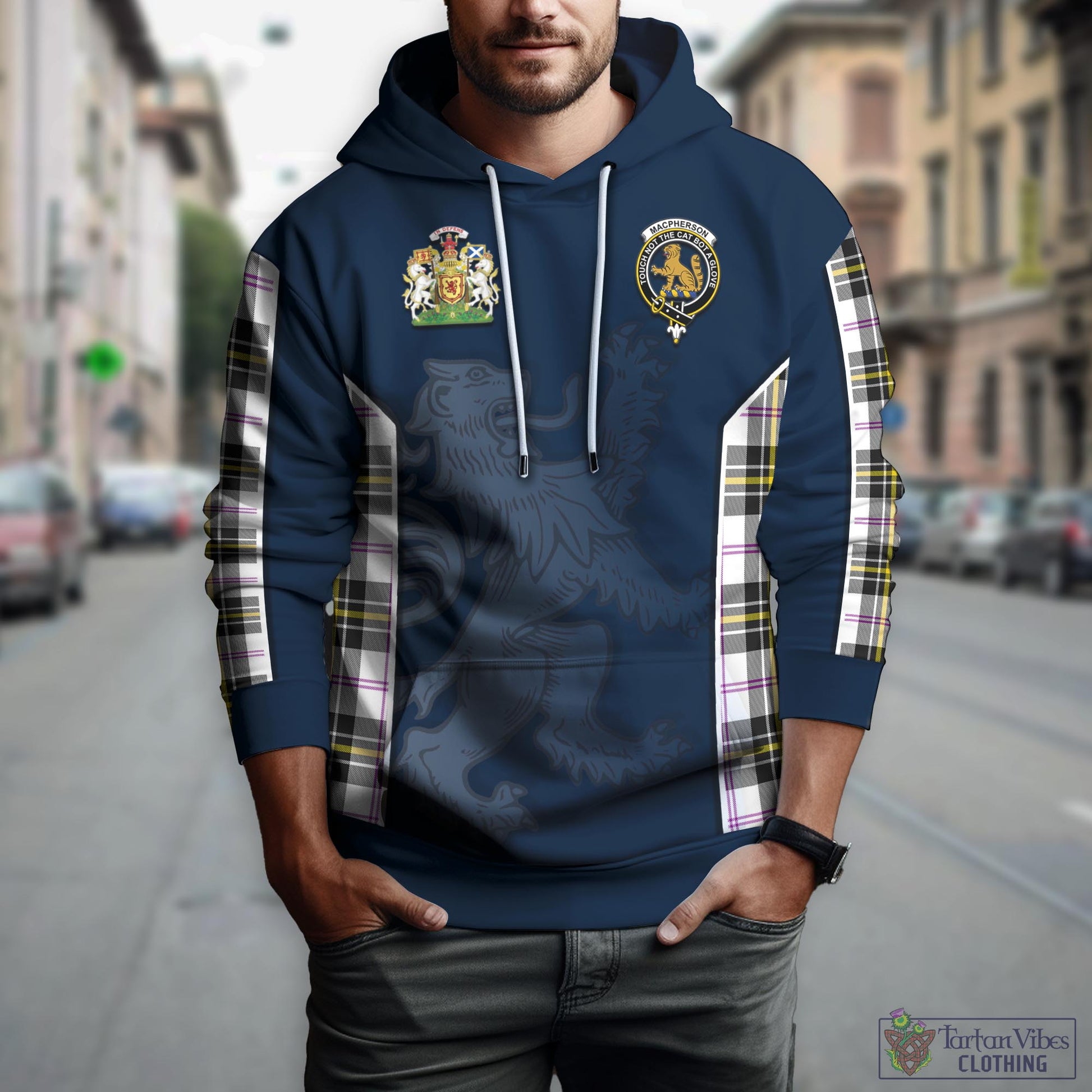 Tartan Vibes Clothing MacPherson Dress Modern Tartan Hoodie with Family Crest and Lion Rampant Vibes Sport Style